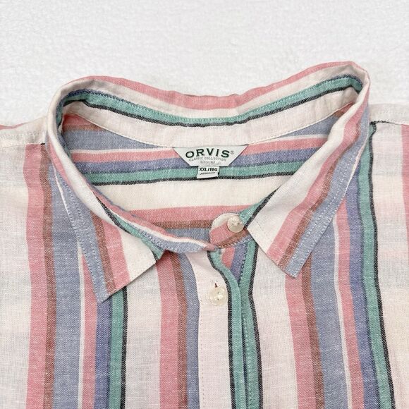 Orvis Top Women’s Size XXL Multicolor Striped Linen Blend Button Front Cuff - Picture 5 of 11